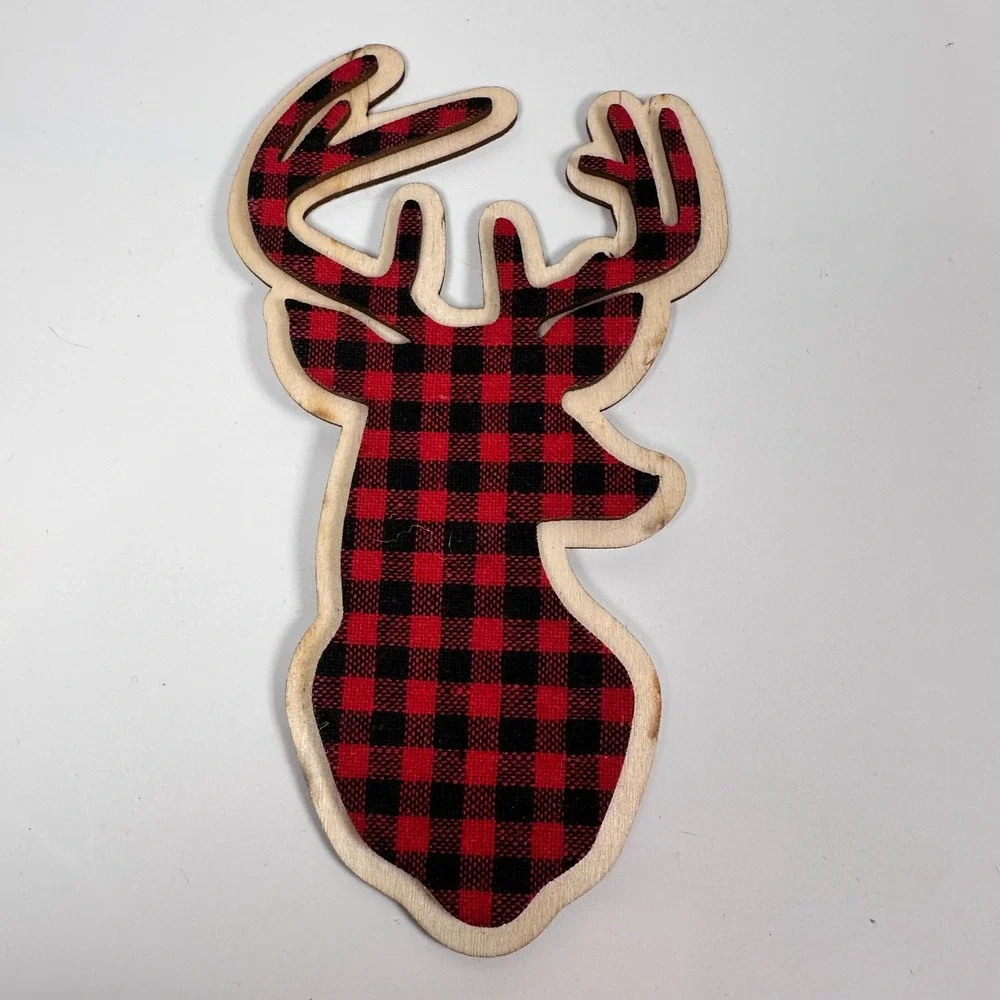 Wooden Deer Buffalo Plaid Gift‎ Decoration Peel and Stick Embelishments Set of 4